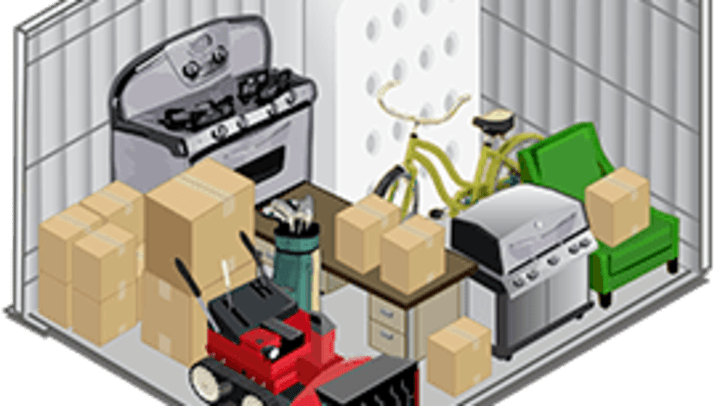 Graphic showing various items in a virtual 10x10 storage unit.