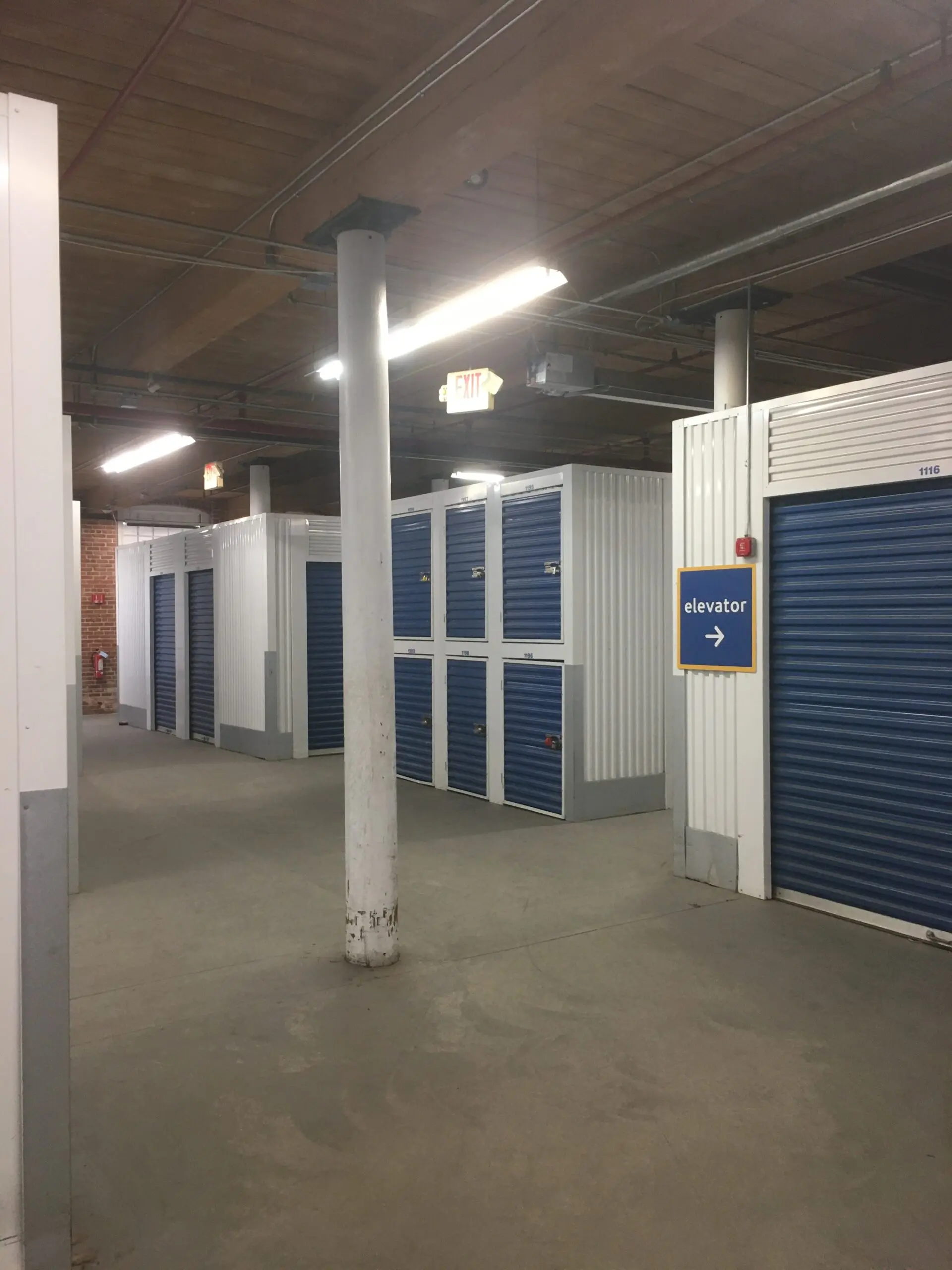 Elevator access for indoor storage units at Compass Self Storage facility.