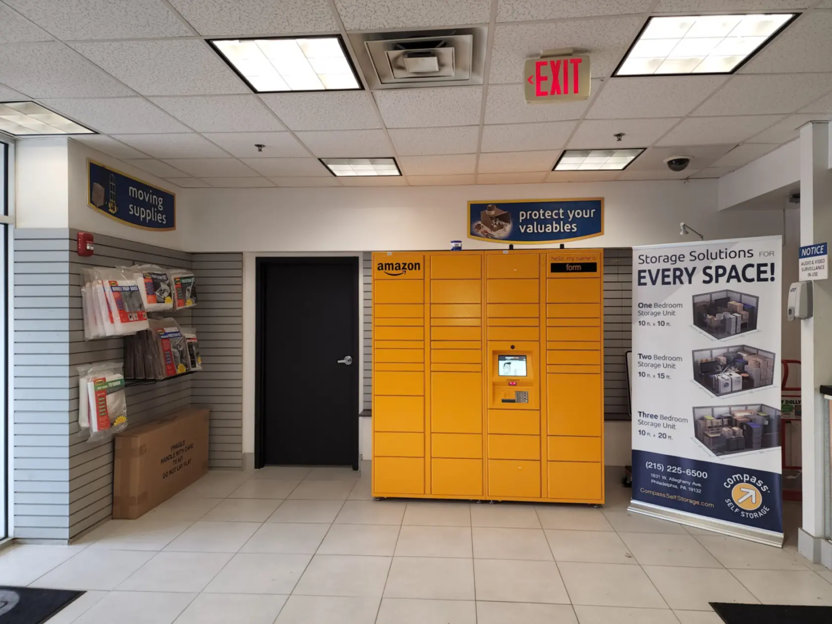 Retail area and Amazon locker at Compass Self Storage.