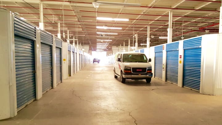 Climate controlled drive-through aisle at Compass Self Storage.