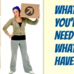 Woman holding moving box with the text, "What you'll need and what we have."