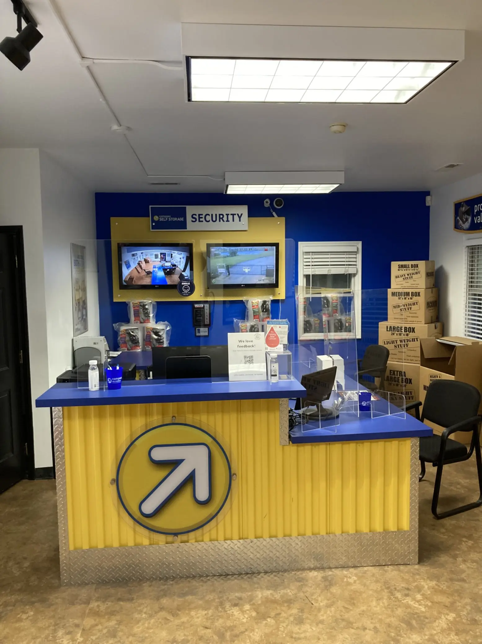 Small blue and yellow front office.