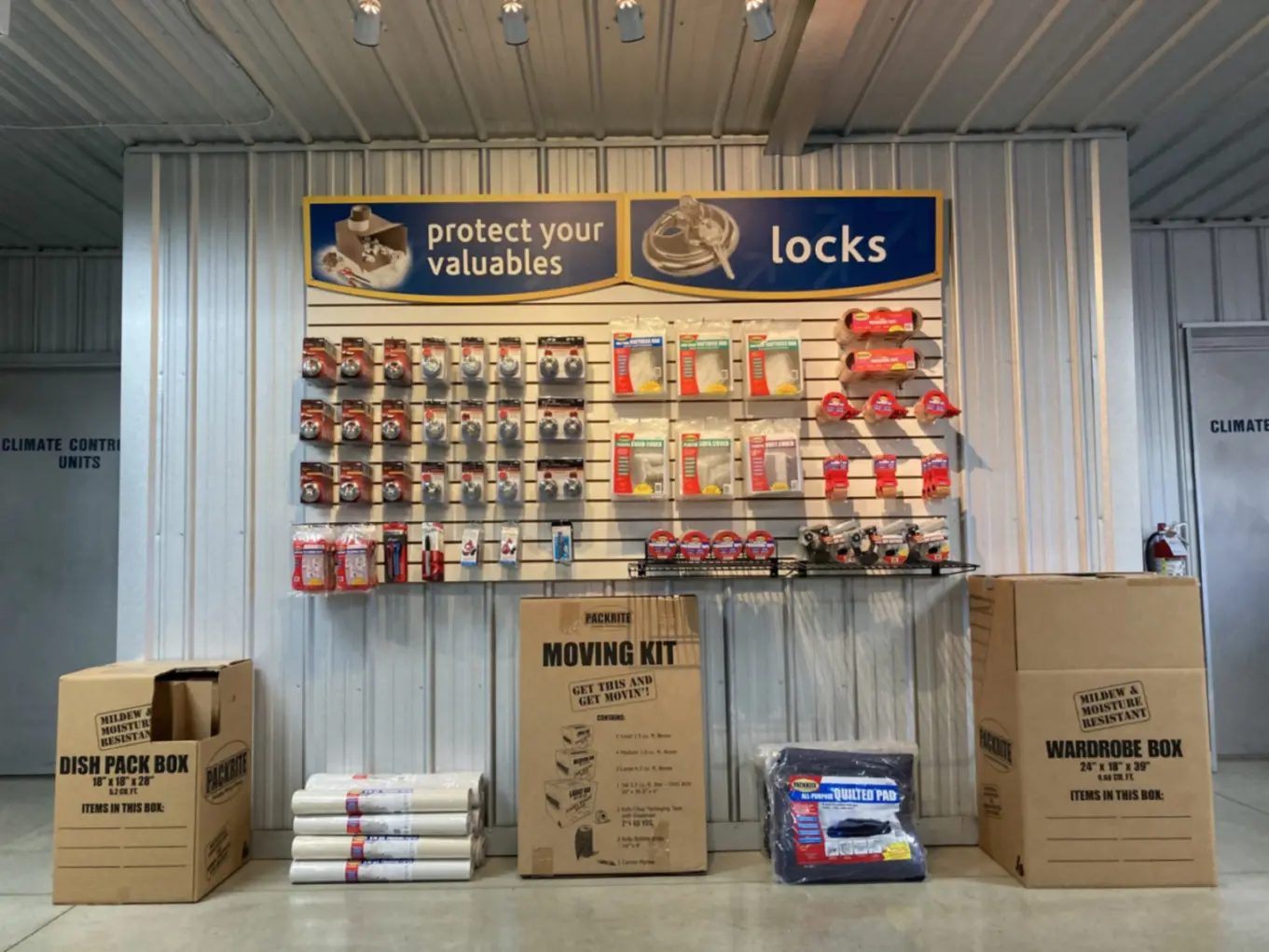 Packing supplies available at storage Compass Self Storage facility.