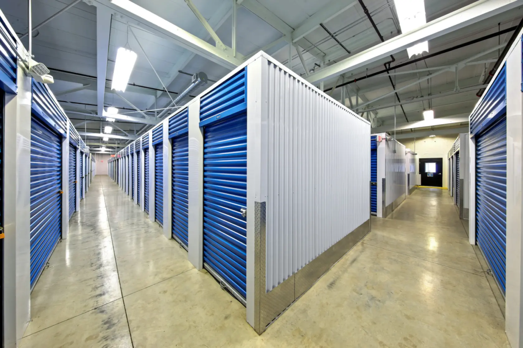 Indoor storage units at Compass Self Storage facility.