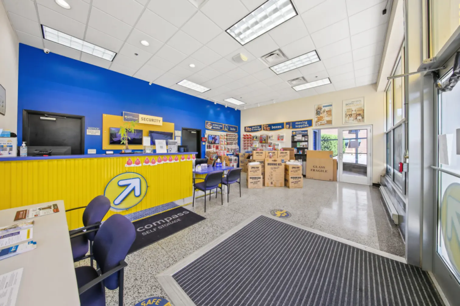 Bright yellow and blue storage facility office.