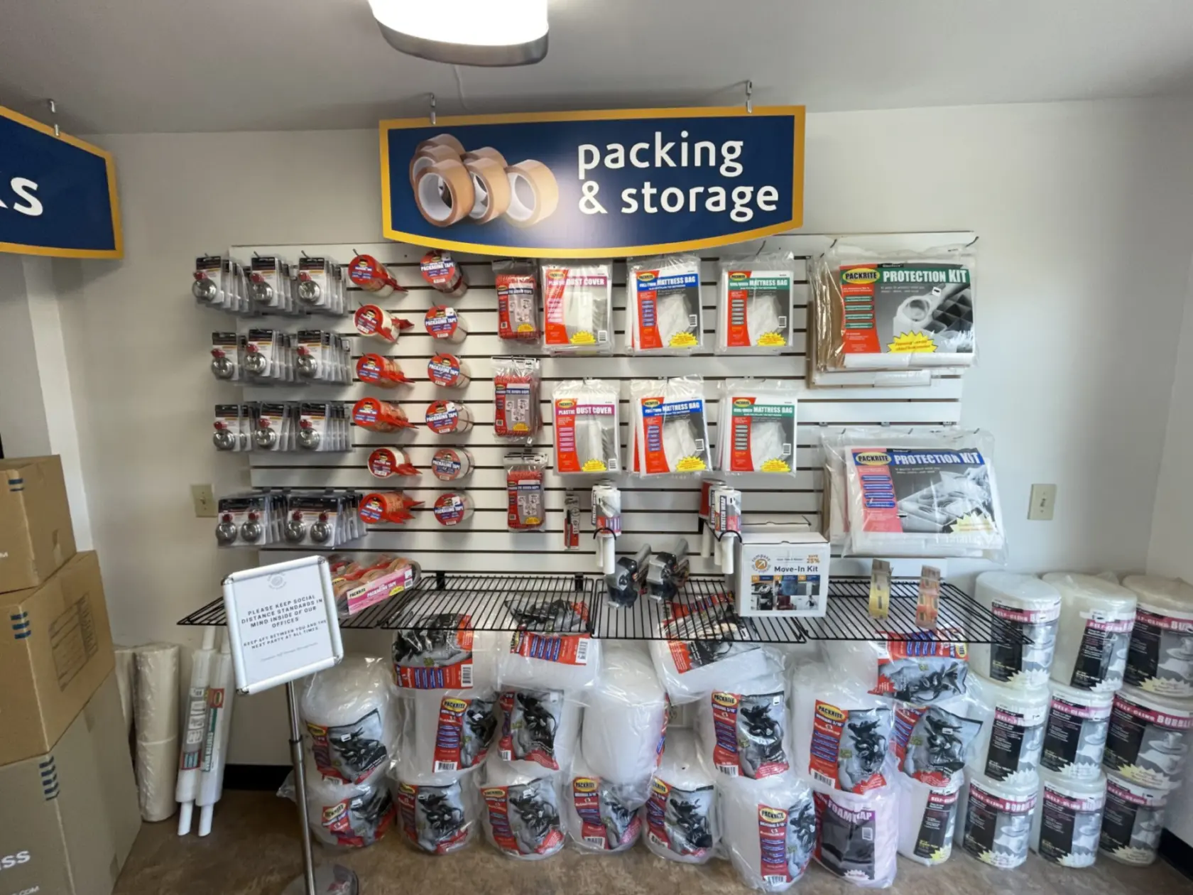 Packing and storage supplies in lobby are of Compass Self Storage facility.