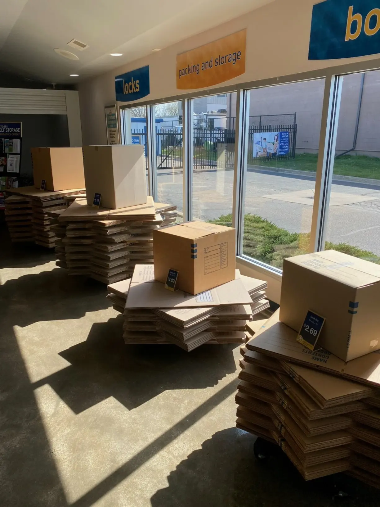 Moving boxes at Compass Self Storage in Fraser, MI.