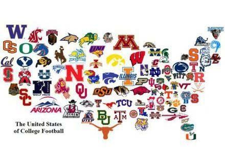 Graphic of U.S. college football teams in the shape of the United States.