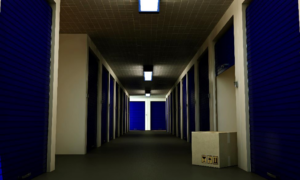 Interior hallway of a storage facility.