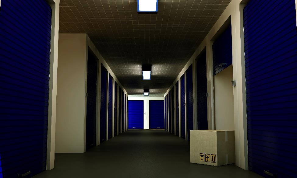 Interior hallway of a storage facility.