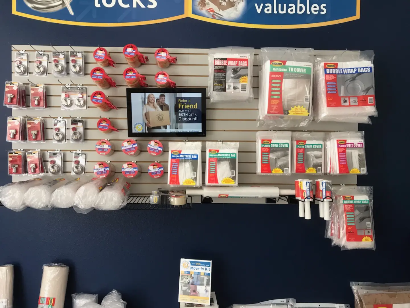 Packing and storage supplies in lobby area.