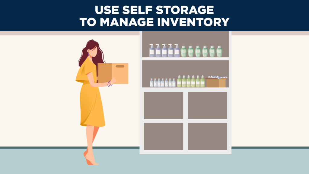a woman organizes her product inventory in a self storage unit