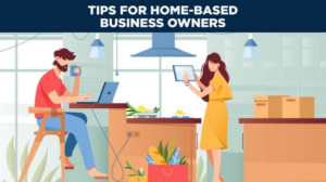 Graphic of couple in a kitchen that says "Tips for home-based business owners."