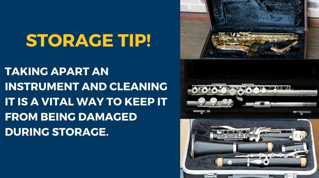 Three woodwind instruments, a saxophone, flute, and clarinet. They have been disassembled and cleaned to protect them from being damaged while in storage.