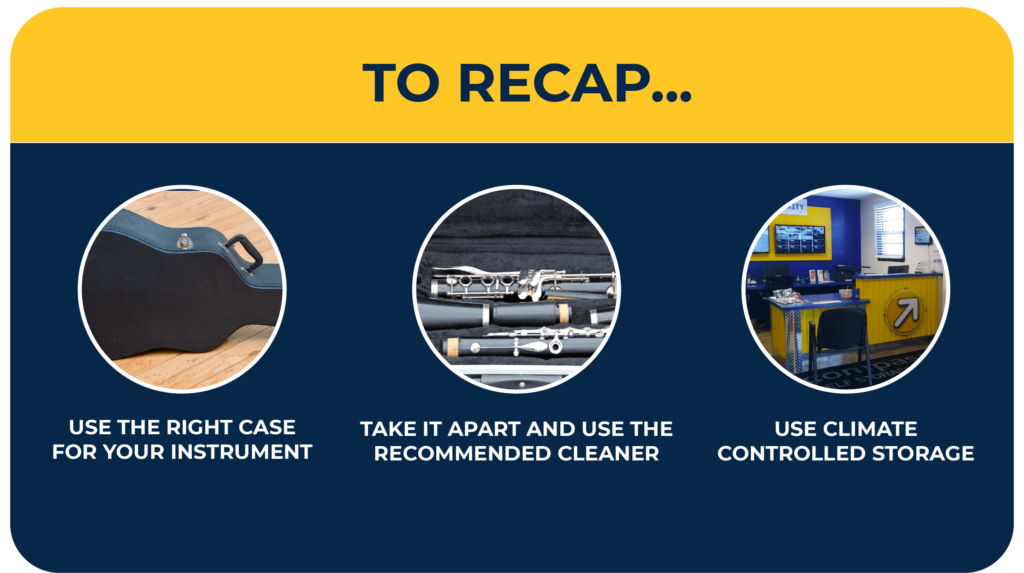 A graphic with three tips: use the right case, use the right cleaner, and use climate controlled storage units.