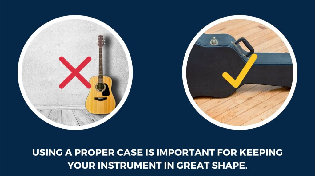 Two guitars. One is inside a black hardshell case, the other is not. The caption reads "Using a proper case is important for keeping your instrument in great shape."