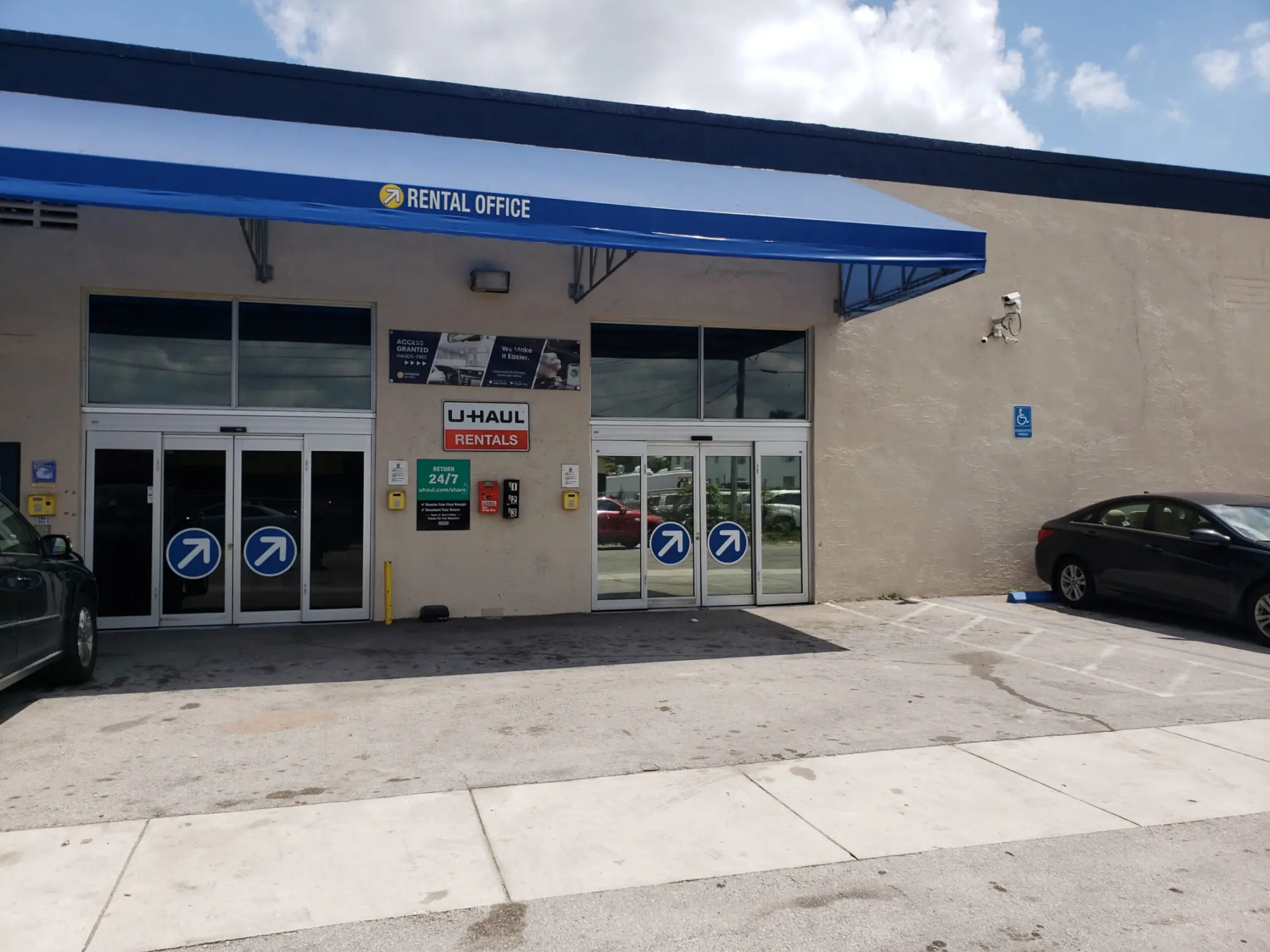 Front view of storage building.