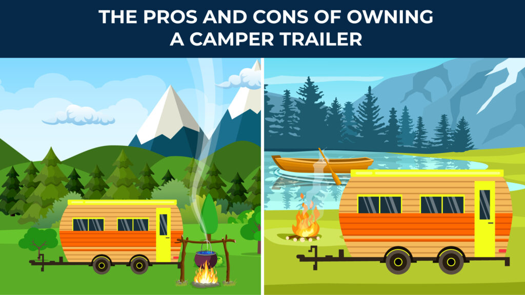 illustrated camper sitting outside with mountains and next to a lake
