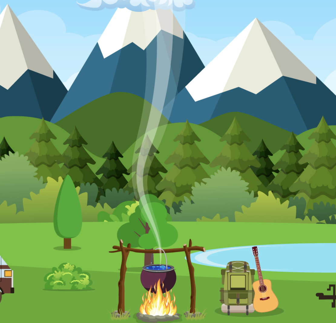 illustrated rv and camper trailer sitting by a lake