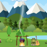 illustrated rv and camper trailer sitting by a lake