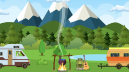 illustrated rv and camper trailer sitting by a lake