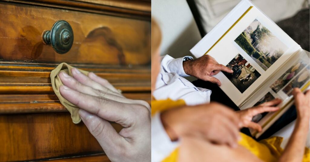 Hand wiping dust off antique furniture and elderly couple looking at an old photo album