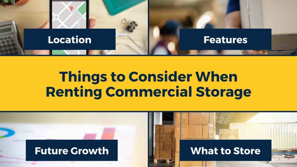 A collage outlining what to consider when renting commercial storage: location, features, future growth, and what to store
