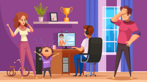 illustration of student learning on computer surrounded by family chaos