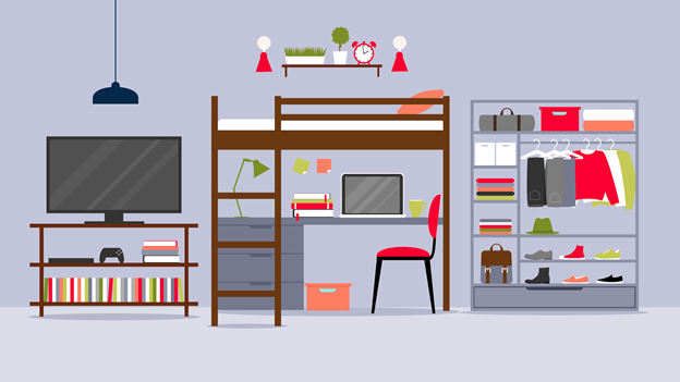 illustration of an organized dorm room that makes most of storage space