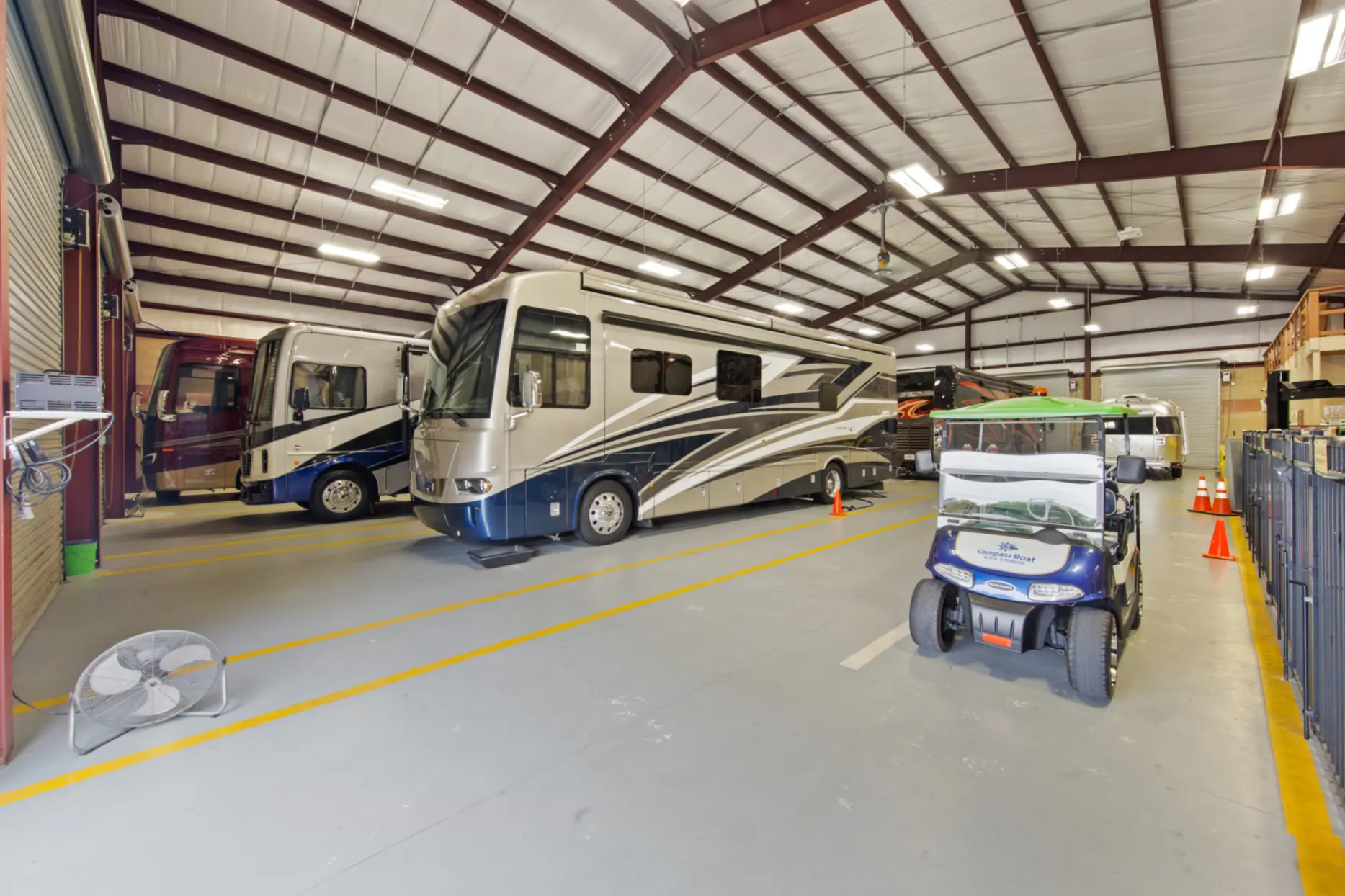 Indoor RV parking at Compass Self Storage in St. Augustine.