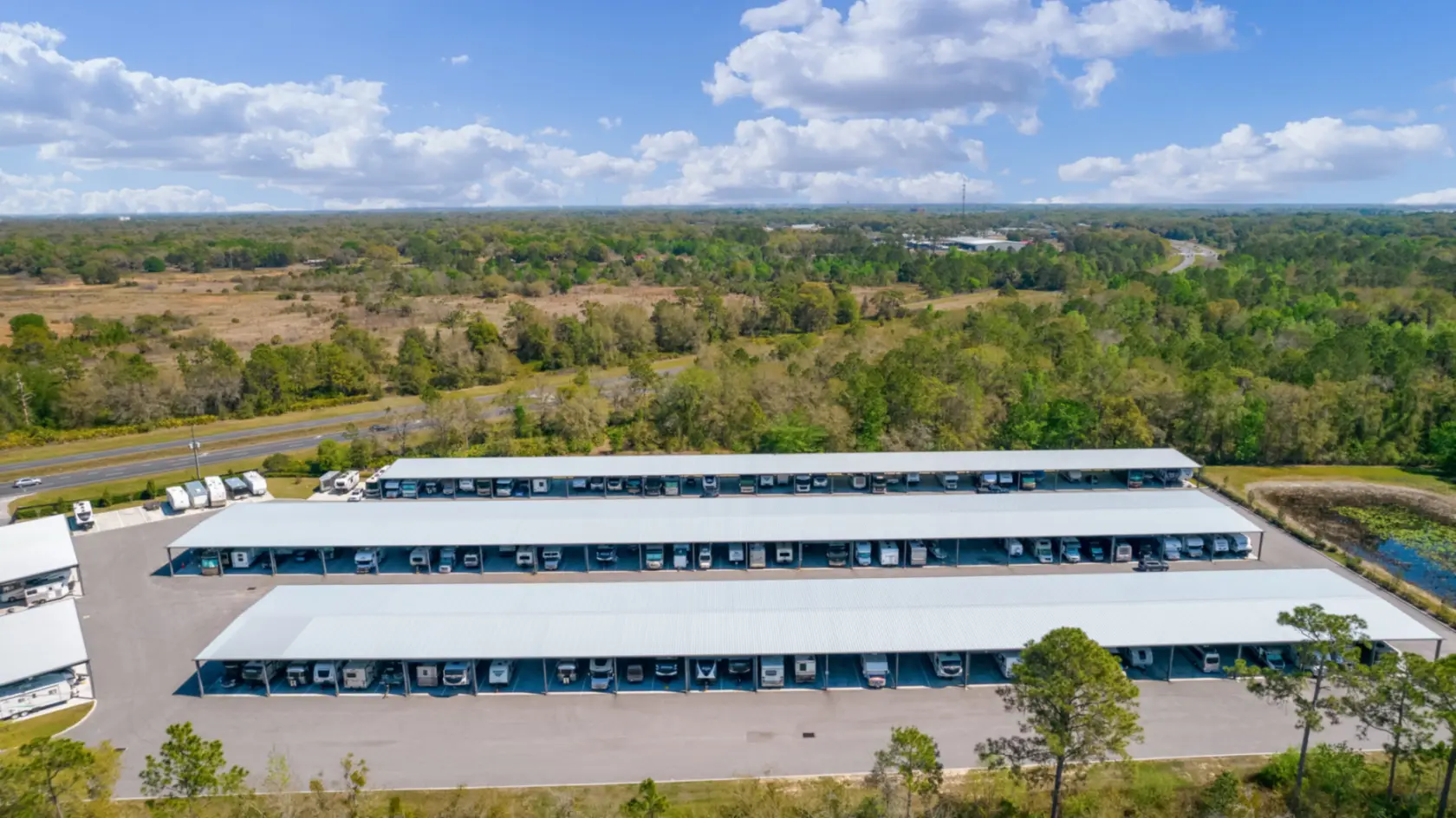Exterior view of RV parking at Compass Self Storage.