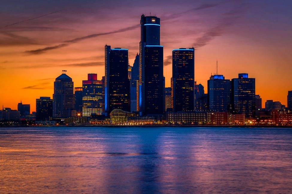 The Detroit skyline during sunset