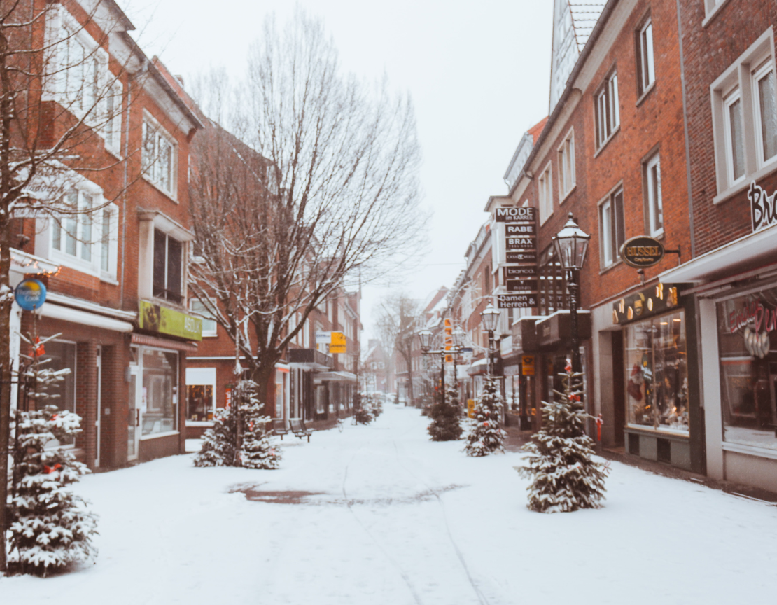 Historic downtown covered with snow.