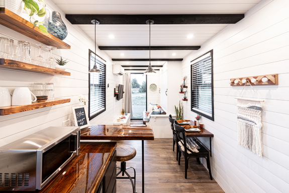 Interior of a narrow kitchen.