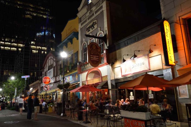 A row of restaurants in downtown Pittsburgh, PA.