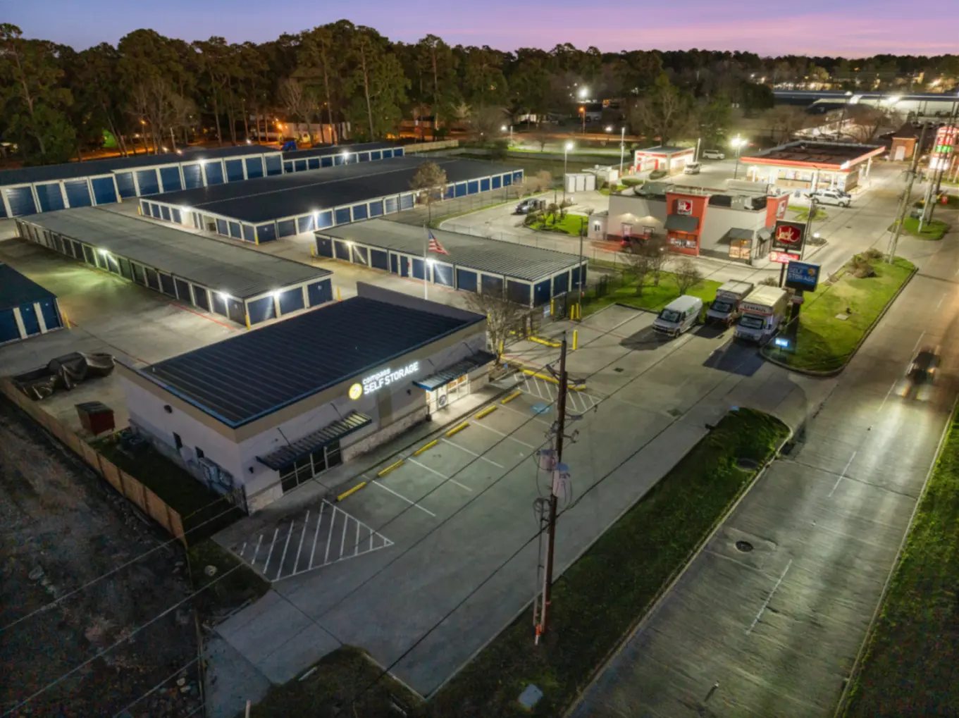 Birds eye image of Compass Self Storage building and outdoor storage units.