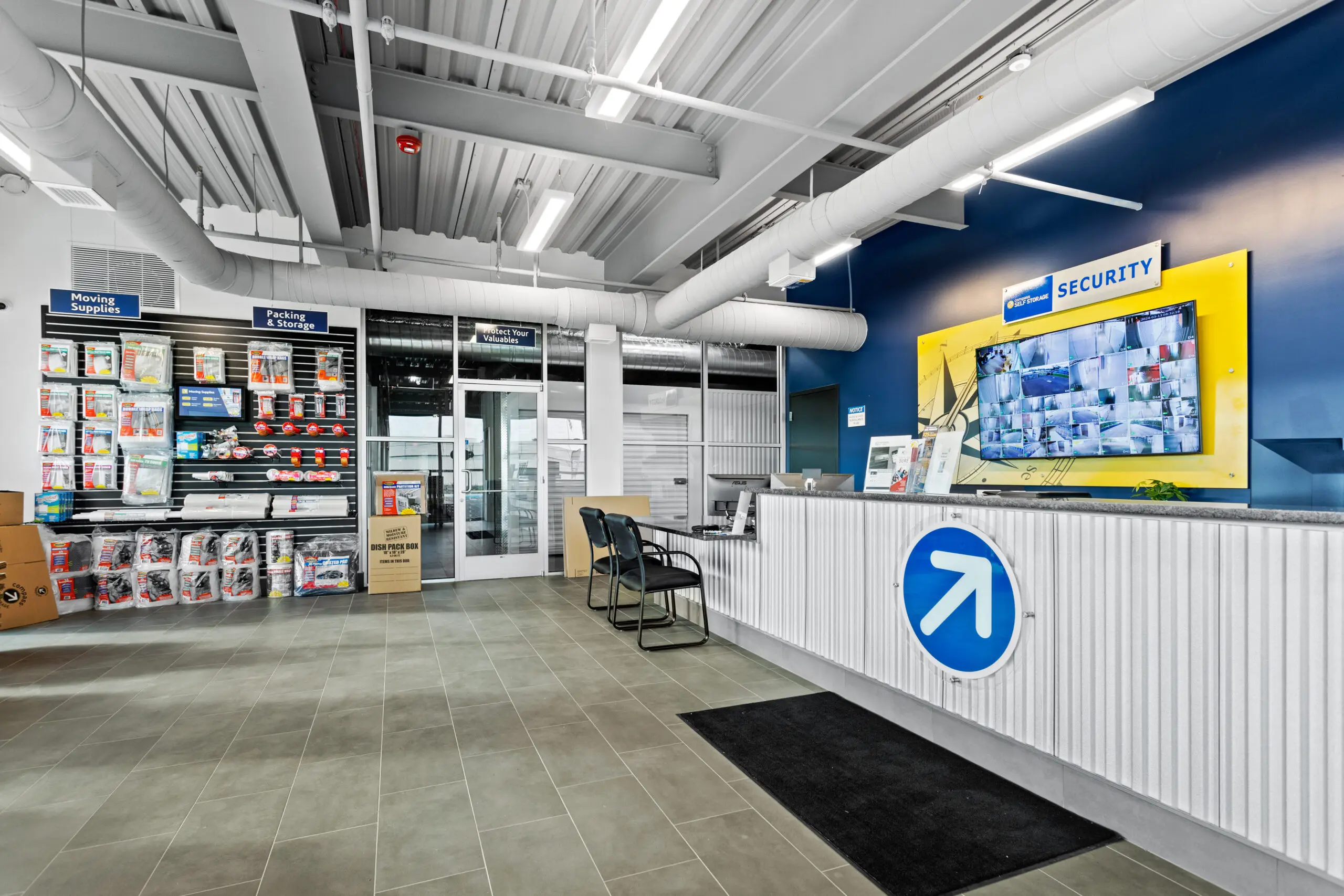 Front office with security camera and packing available to purchase.