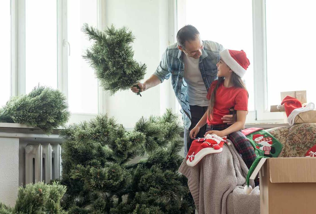 A father and daughter set up a Christmas tree and decorations inside home for the holidays