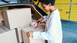 A smiling woman taping a box shut on the edge of her open car trunk.