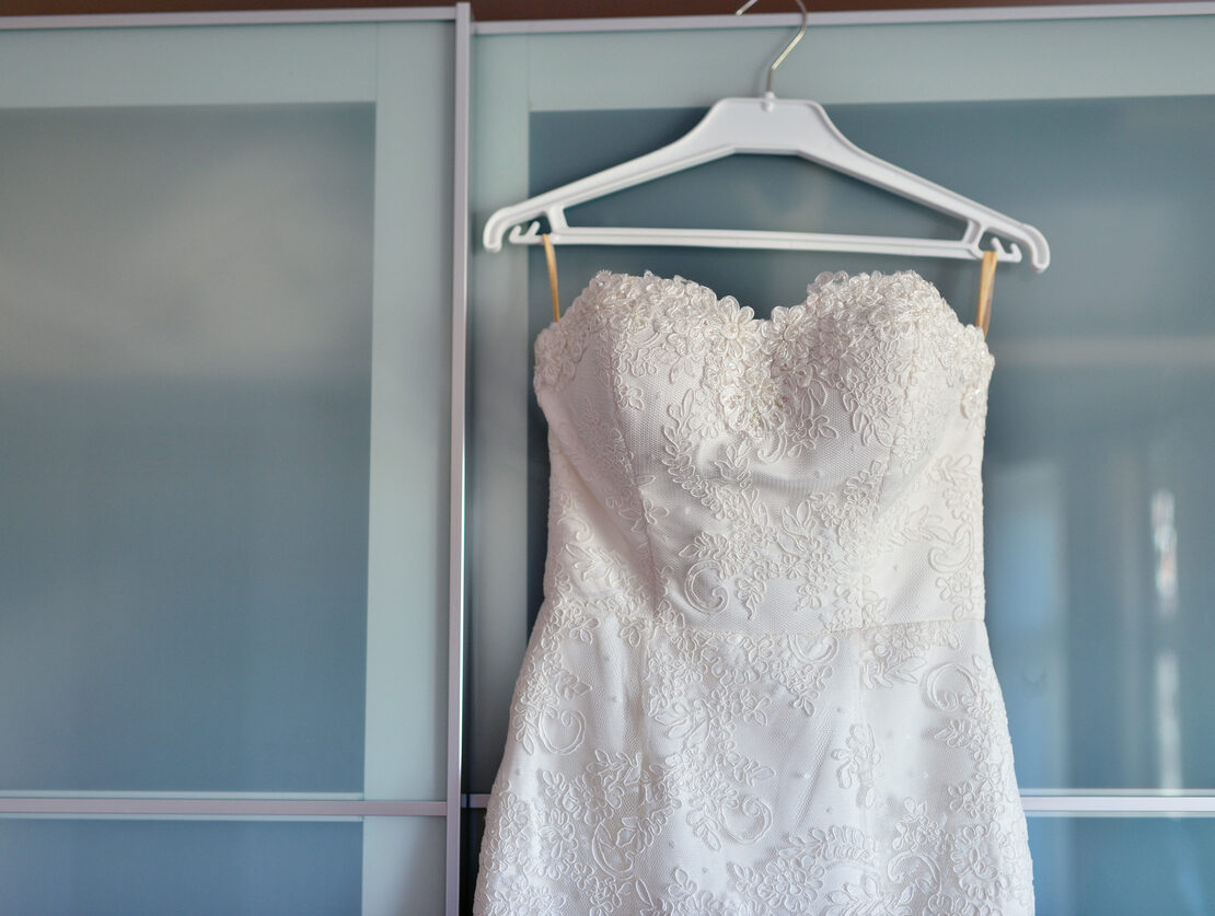 Beautiful white wedding dress for bride indoors