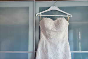 Beautiful white wedding dress for bride indoors