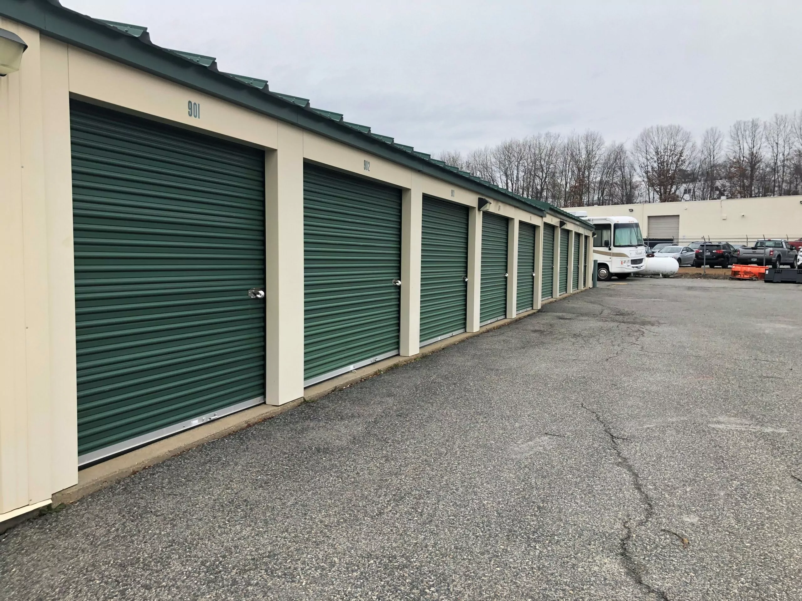 Outdoor storage units with drive-up access.