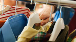 A man grabs a yellow shirt on a hanger in his closet