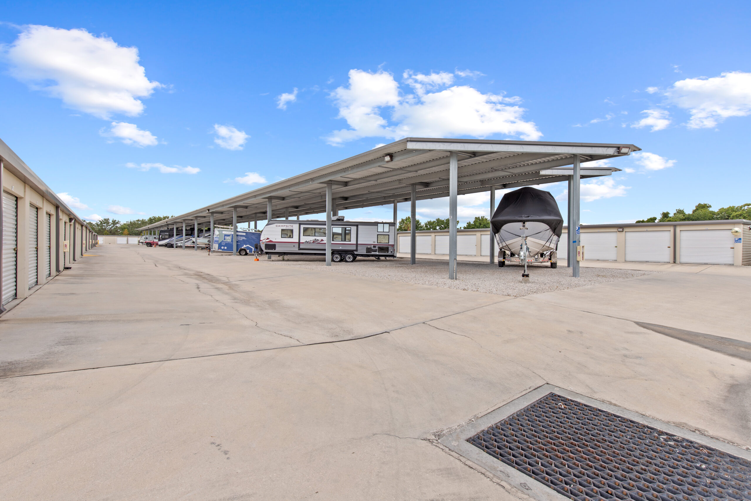Covered RV parking at Compass Self Storage.