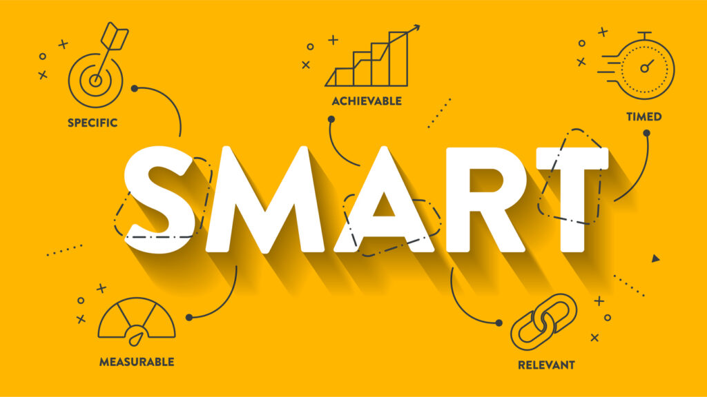 A bold yellow background with the acronym “SMART” written in white, with data-related graphics behind it.