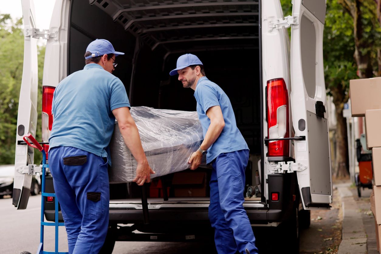 Two movers helping move furniture out of a moving truck