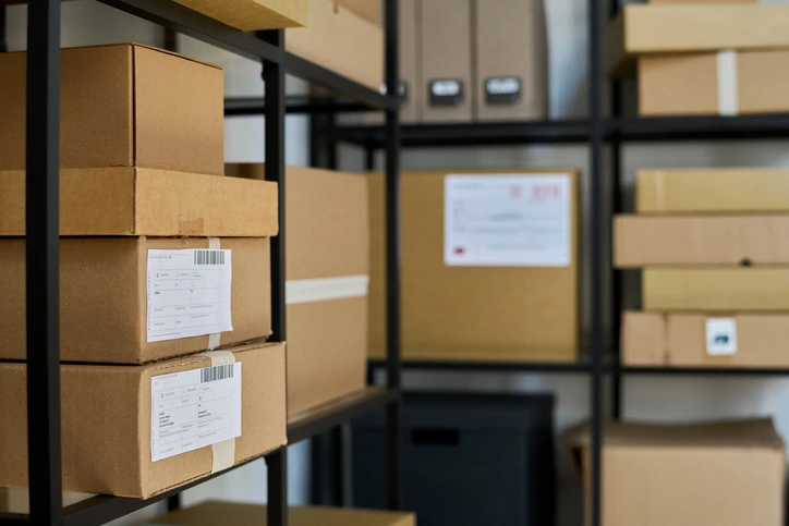 Cardboard inventory boxes with shipping labels organized on metal storage shelves.