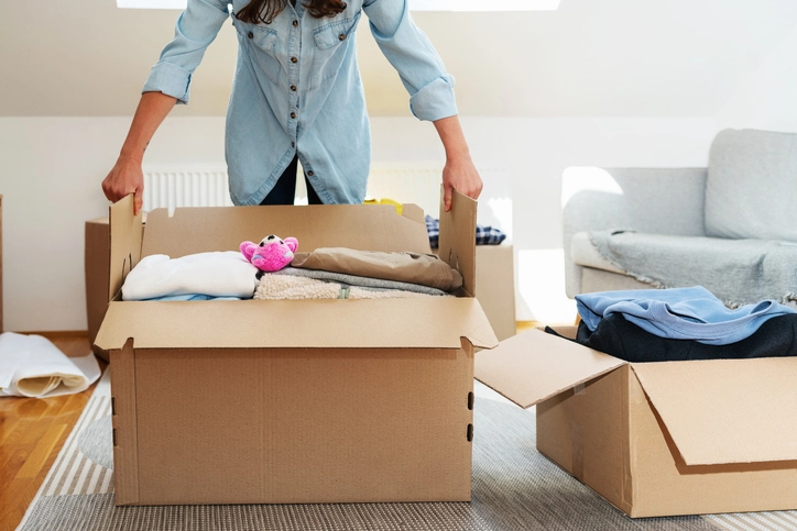 Person packing household belongings into cardboard boxes while organizing a room.