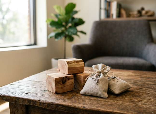 Cedar wood blocks and dried lavender sachets on a rustic table offer natural pest repellent for wood furniture.