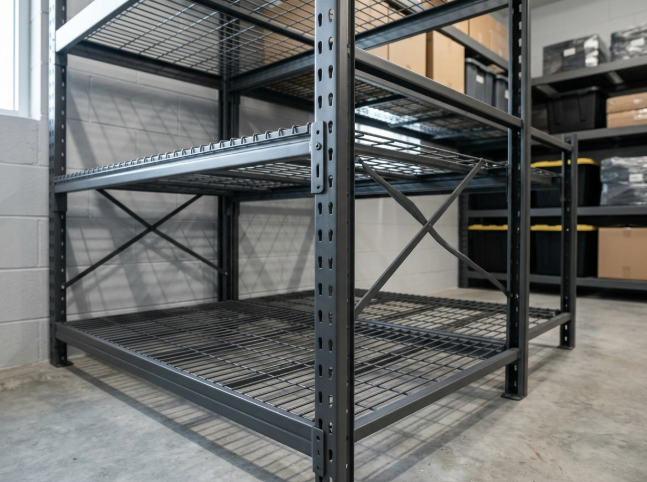 Metal wire shelving brackets cast geometric shadows across open storage tiers in a clean, organized unit.